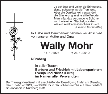 Traueranzeige von Wally Mohr von Gesamtausgabe Nürnberger Nachrichten/ Nürnberger Ztg.