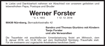 Traueranzeige von Werner Forster von Gesamtausgabe Nürnberger Nachrichten/ Nürnberger Ztg.
