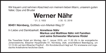 Traueranzeige von Werner Nähr von Gesamtausgabe Nürnberger Nachrichten/ Nürnberger Ztg.
