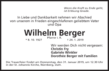 Traueranzeige von Wilhelm Berger von Gesamtausgabe Nürnberger Nachrichten/ Nürnberger Ztg.