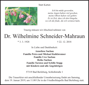 Traueranzeige von Wilhelmine Schneider-Mahraun von Nordbayerische Nachrichten Forchheim Lokal