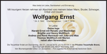 Traueranzeige von Wolfgang Ernst von Gesamtausgabe Nürnberger Nachrichten/ Nürnberger Ztg.