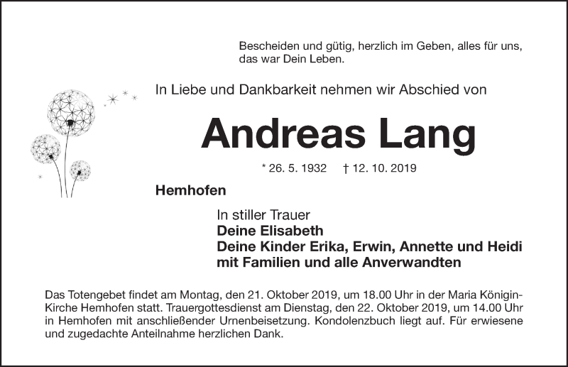  Traueranzeige für Andreas Lang vom 19.10.2019 aus Nordbayerische Nachrichten Herzogenaurach Lokal