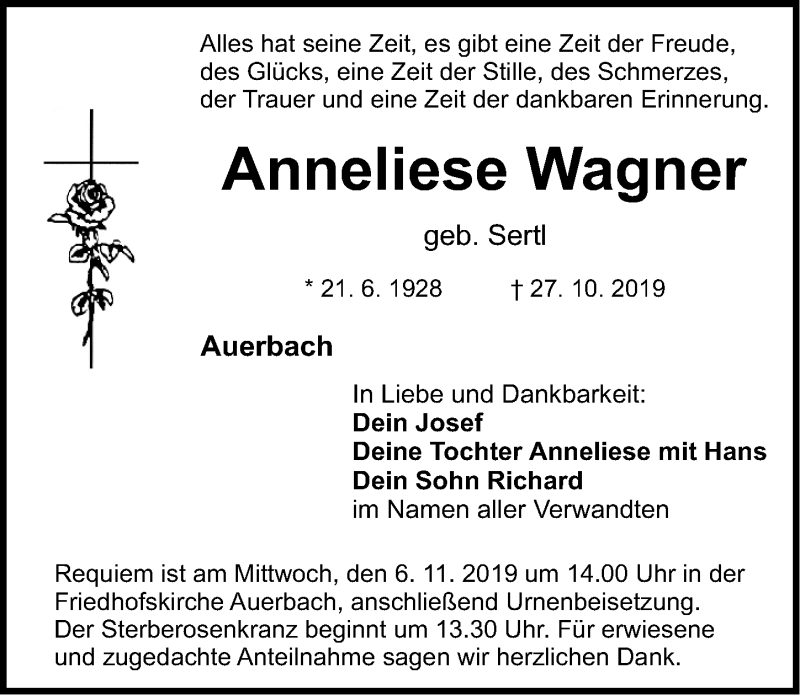  Traueranzeige für Anneliese Wagner vom 31.10.2019 aus Nordbayerische Nachrichten Pegnitz Lokal