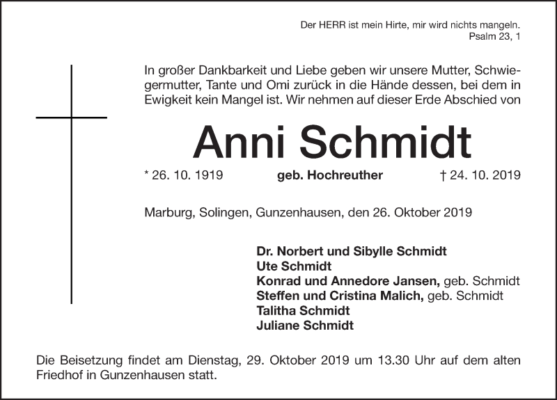  Traueranzeige für Anni Schmidt vom 26.10.2019 aus Altmühl-Bote Lokal
