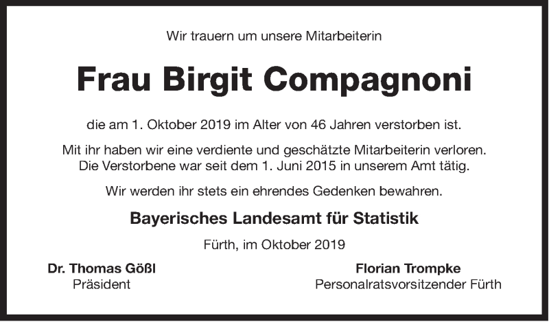  Traueranzeige für Birgit Compagnoni vom 08.10.2019 aus Gesamtausgabe Nürnberger Nachrichten/ Nürnberger Ztg.
