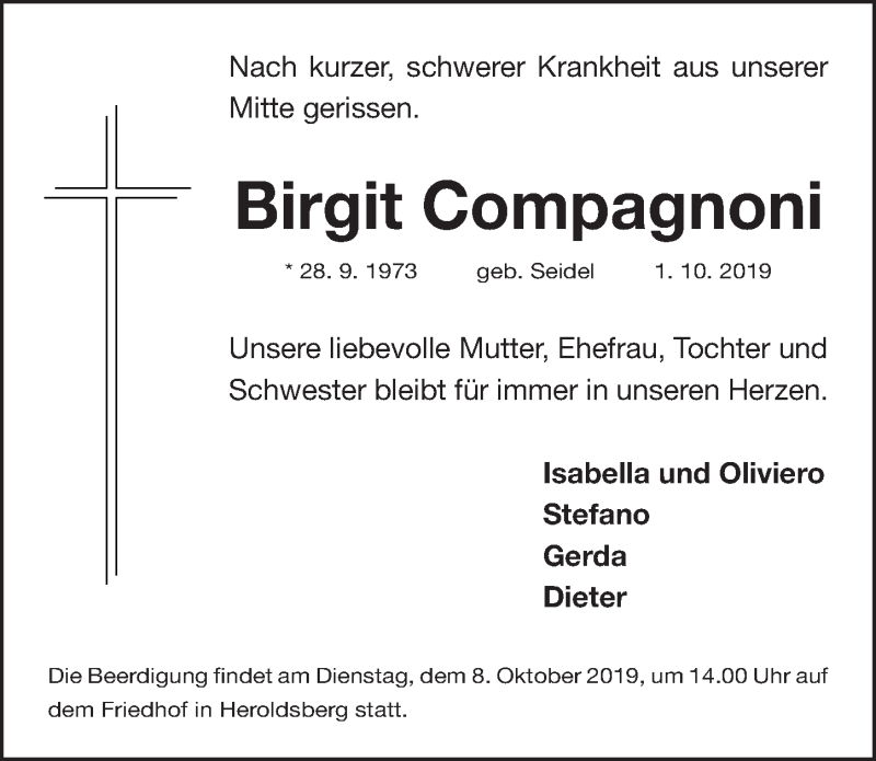  Traueranzeige für Birgit Compagnoni vom 05.10.2019 aus Erlanger Nachrichten Lokal