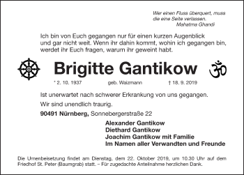 Traueranzeige von Brigitte Gantikow von Gesamtausgabe Nürnberger Nachrichten/ Nürnberger Ztg.