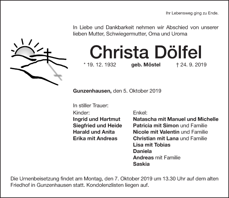  Traueranzeige für Christa Dölfel vom 05.10.2019 aus Altmühl-Bote Lokal