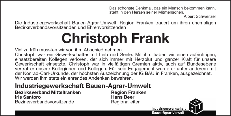  Traueranzeige für Christoph Frank vom 01.11.2019 aus Gesamtausgabe Nürnberger Nachrichten/ Nürnberger Ztg.
