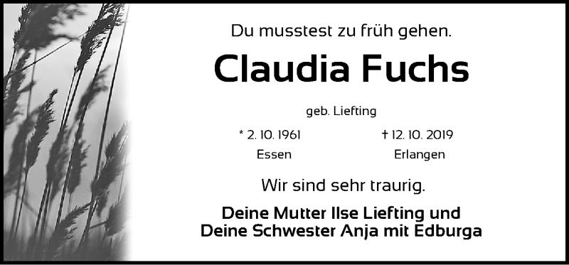  Traueranzeige für Claudia Fuchs vom 16.10.2019 aus Erlanger Nachrichten Lokal