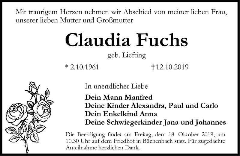 Traueranzeige für Claudia Fuchs vom 15.10.2019 aus Erlanger Nachrichten Lokal