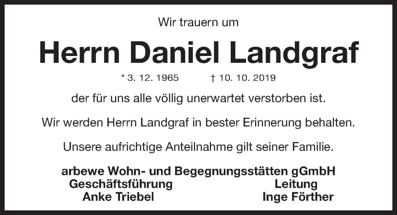  Traueranzeige für Daniel Landgraf vom 30.10.2019 aus Gesamtausgabe Nürnberger Nachrichten/ Nürnberger Ztg.