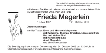 Traueranzeige von Frieda Megerlein von Altmühl-Bote Lokal