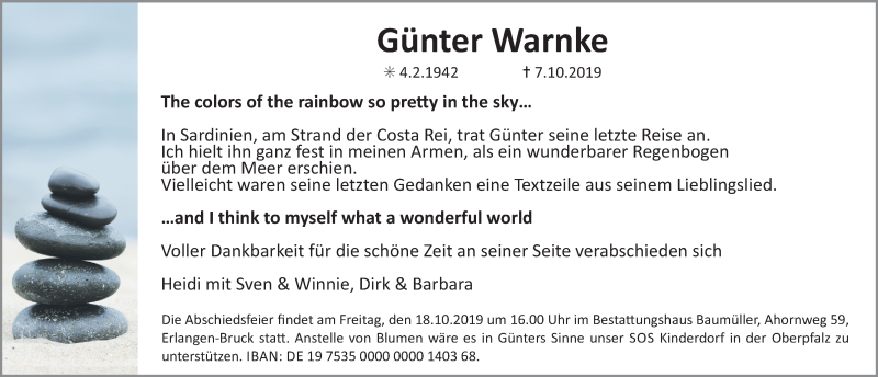  Traueranzeige für Günter Warnke vom 16.10.2019 aus Erlanger Nachrichten Lokal
