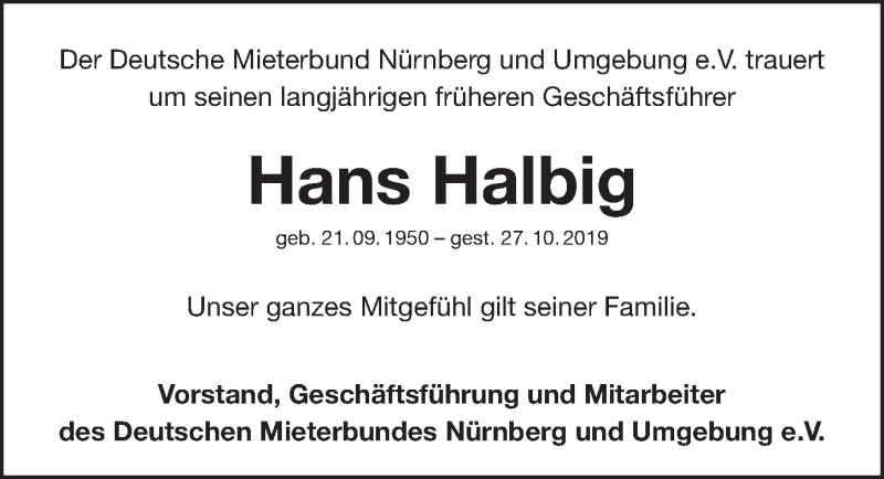  Traueranzeige für Hans Halbig vom 31.10.2019 aus Gesamtausgabe Nürnberger Nachrichten/ Nürnberger Ztg.