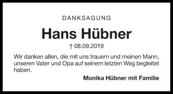 Traueranzeige von Hans Hübner von Gesamtausgabe Nürnberger Nachrichten/ Nürnberger Ztg.