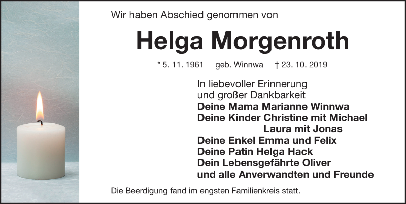  Traueranzeige für Helga Morgenroth vom 01.11.2019 aus Gesamtausgabe Nürnberger Nachrichten/ Nürnberger Ztg.