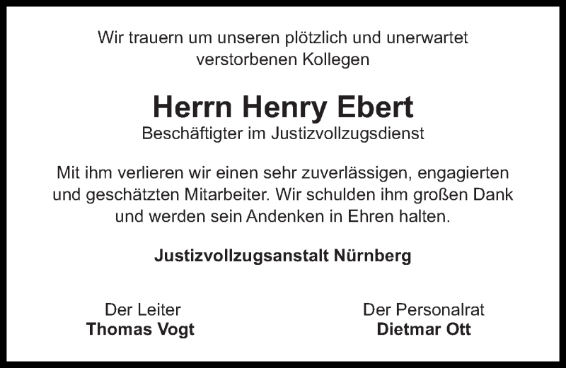  Traueranzeige für Henry Ebert vom 02.10.2019 aus Gesamtausgabe Nürnberger Nachrichten/ Nürnberger Ztg.