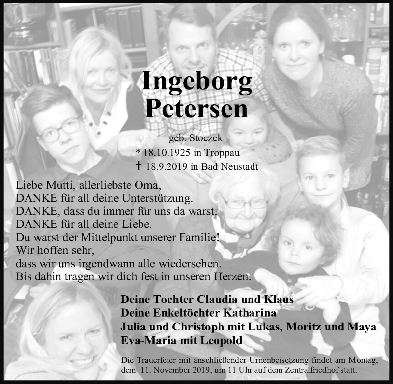  Traueranzeige für Ingeborg Petersen vom 01.11.2019 aus Erlanger Nachrichten Lokal