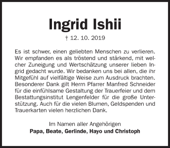 Traueranzeige von Ingrid Ishii von Gesamtausgabe Nürnberger Nachrichten/ Nürnberger Ztg.