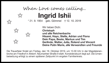 Traueranzeige von Ingrid Ishii von Gesamtausgabe Nürnberger Nachrichten/ Nürnberger Ztg.