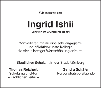 Traueranzeige von Ingrid Ishii von Gesamtausgabe Nürnberger Nachrichten/ Nürnberger Ztg.