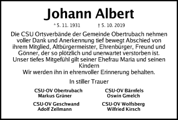 Traueranzeige von Johann Albert von Nordbayerische Nachrichten Forchheim Lokal
