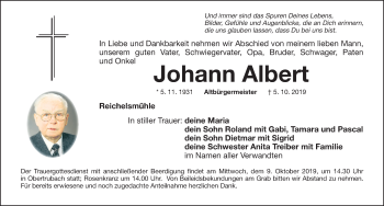 Traueranzeige von Johann Albert von Nordbayer. Nachrichten Forchheim/ Nordbayer. Nachrichten Pegnitz