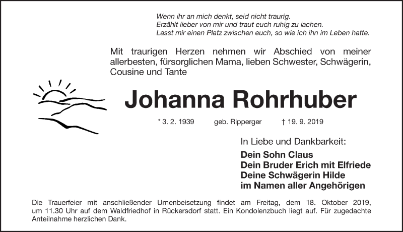  Traueranzeige für Johanna Rohrhuber vom 12.10.2019 aus Gesamtausgabe Nürnberger Nachrichten/ Nürnberger Ztg.