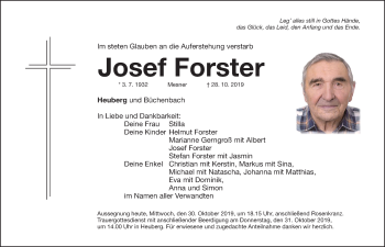 Traueranzeige von Josef Forster von Roth-Hilpoltsteiner Volkszeitung Lokal