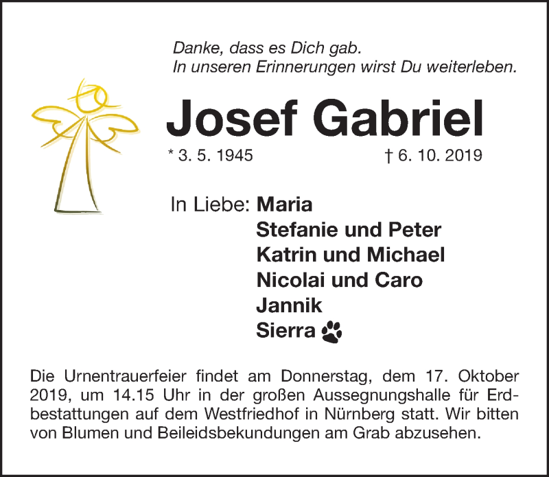 Traueranzeige für Josef Gabriel vom 12.10.2019 aus Gesamtausgabe Nürnberger Nachrichten/ Nürnberger Ztg.