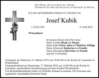 Traueranzeige von Josef Kubik von Nordbayerische Nachrichten Forchheim Lokal