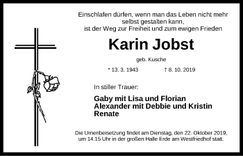 Traueranzeige von Karin Jobst Jobst von Gesamtausgabe Nürnberger Nachrichten/ Nürnberger Ztg.