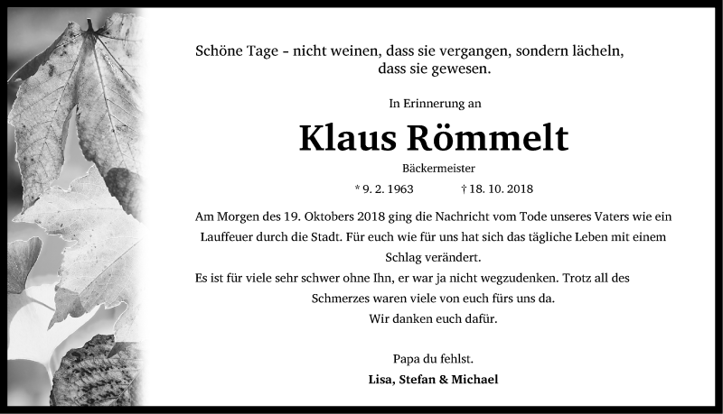  Traueranzeige für Klaus Römmelt vom 19.10.2019 aus Nordbayerische Nachrichten Herzogenaurach Lokal