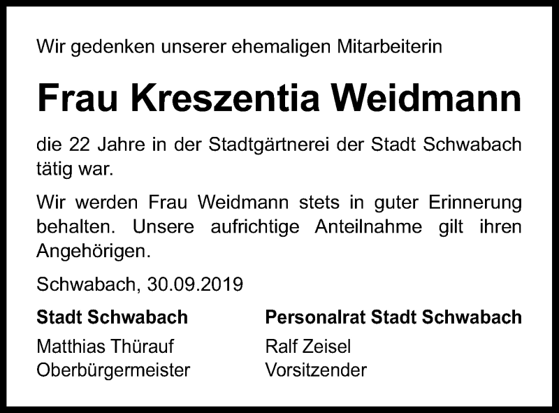  Traueranzeige für Kreszentia Weidmann vom 02.10.2019 aus Schwabach