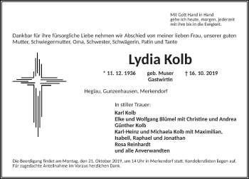 Traueranzeige von Lydia Kolb von Altmühl-Bote Lokal