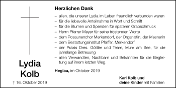 Traueranzeige von Lydia Kolb von Altmühl-Bote Lokal