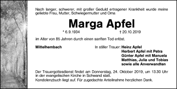 Traueranzeige von Marga Apfel von Schwabach