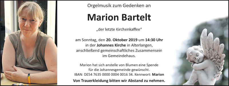  Traueranzeige für Marion Bartelt vom 12.10.2019 aus Erlanger Nachrichten Lokal