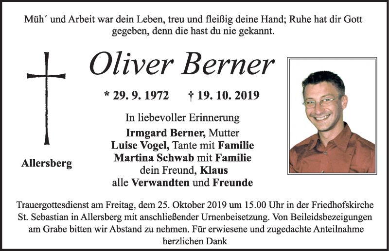  Traueranzeige für Oliver Berner vom 24.10.2019 aus Roth-Hilpoltsteiner Volkszeitung Lokal