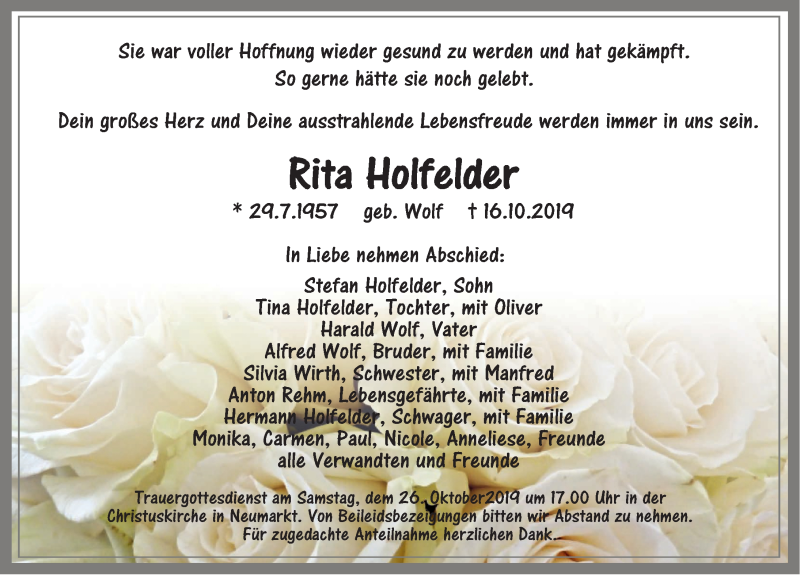  Traueranzeige für Rita Holfelder vom 23.10.2019 aus Neumarkter Nachrichten Lokal