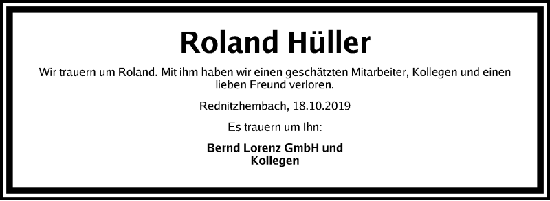  Traueranzeige für Roland Hüller vom 26.10.2019 aus Schwabach