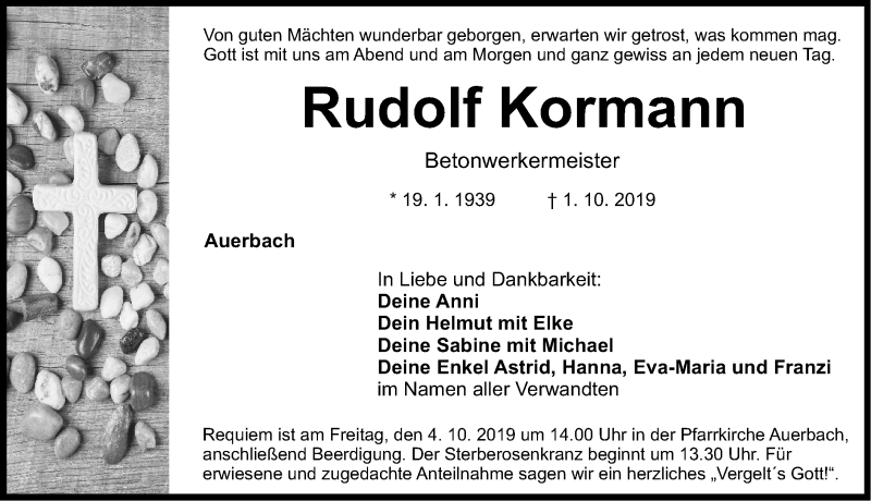  Traueranzeige für Rudolf Kormann vom 03.10.2019 aus Nordbayerische Nachrichten Pegnitz Lokal