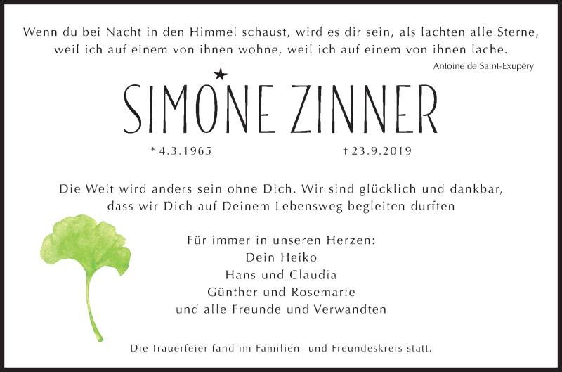  Traueranzeige für Simone Zinner vom 05.10.2019 aus Gesamtausgabe Nürnberger Nachrichten/ Nürnberger Ztg.