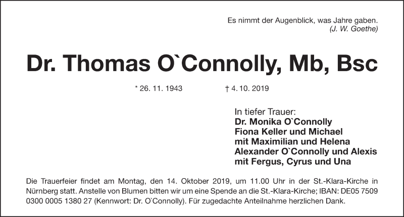  Traueranzeige für Thomas O Connolly vom 10.10.2019 aus Gesamtausgabe Nürnberger Nachrichten/ Nürnberger Ztg.