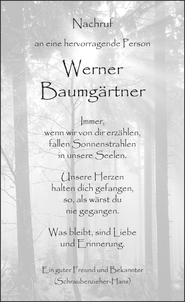  Traueranzeige für Werner Baumgärtner vom 01.11.2019 aus Altmühl-Bote Lokal