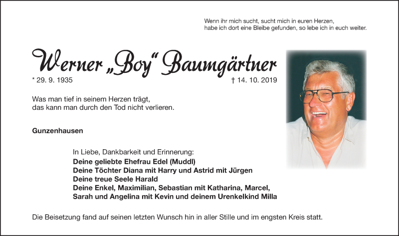  Traueranzeige für Werner Baumgärtner vom 26.10.2019 aus Altmühl-Bote Lokal