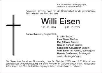 Traueranzeige von Willi Eisen von Altmühl-Bote Lokal