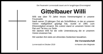 Traueranzeige von Willi Gittelbauer von Nordbayerische Nachrichten Herzogenaurach Lokal